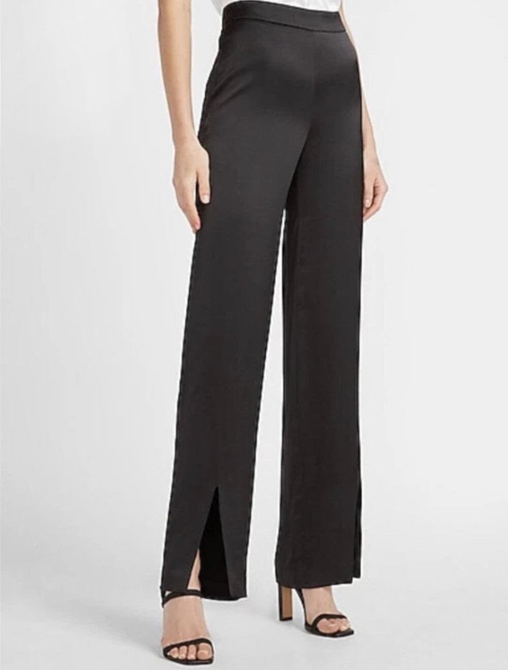 NWT Express Black Satin High Rise Slit Front Straight Leg Dress Pants Size 4